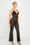 Black Sheer Lace Plunge Tie Front Flared Jumpsuit