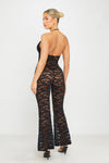 Black Sheer Lace Plunge Tie Front Flared Jumpsuit