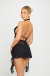 Black Sheer Lace Plunge Ruffle Halter Mini Dress