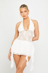 White Sheer Lace Plunge Ruffle Halter Mini Dress