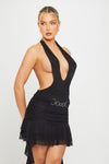 Black Sheer Mesh Plunge Halter Ruffle Mini Dress