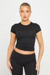 Black Fold Over Flared Leggings & Short Sleeve Top Co-Ord