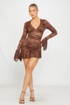 Brown Sheer Lace Plunge Flared Sleeve Mini Dress