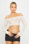 White Sheer Lace Off Shoulder Long Sleeve Crop Top