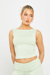 Light Sage Open Back Crop Top & Fold Over Flared Leggings