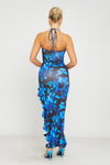 Blue Floral Print Ruffle Halter Tie Front Maxi Dress 