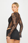 Black Lace Ruched Front Flare Sleeve Bodysuit