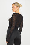 Black Sheer Ruffle Detail Tie Front Long Sleeve Top