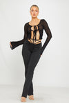 Black Sheer Ruffle Detail Tie Front Long Sleeve Top