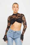 Black Floral Lace High Neck Twist Front Crop Top