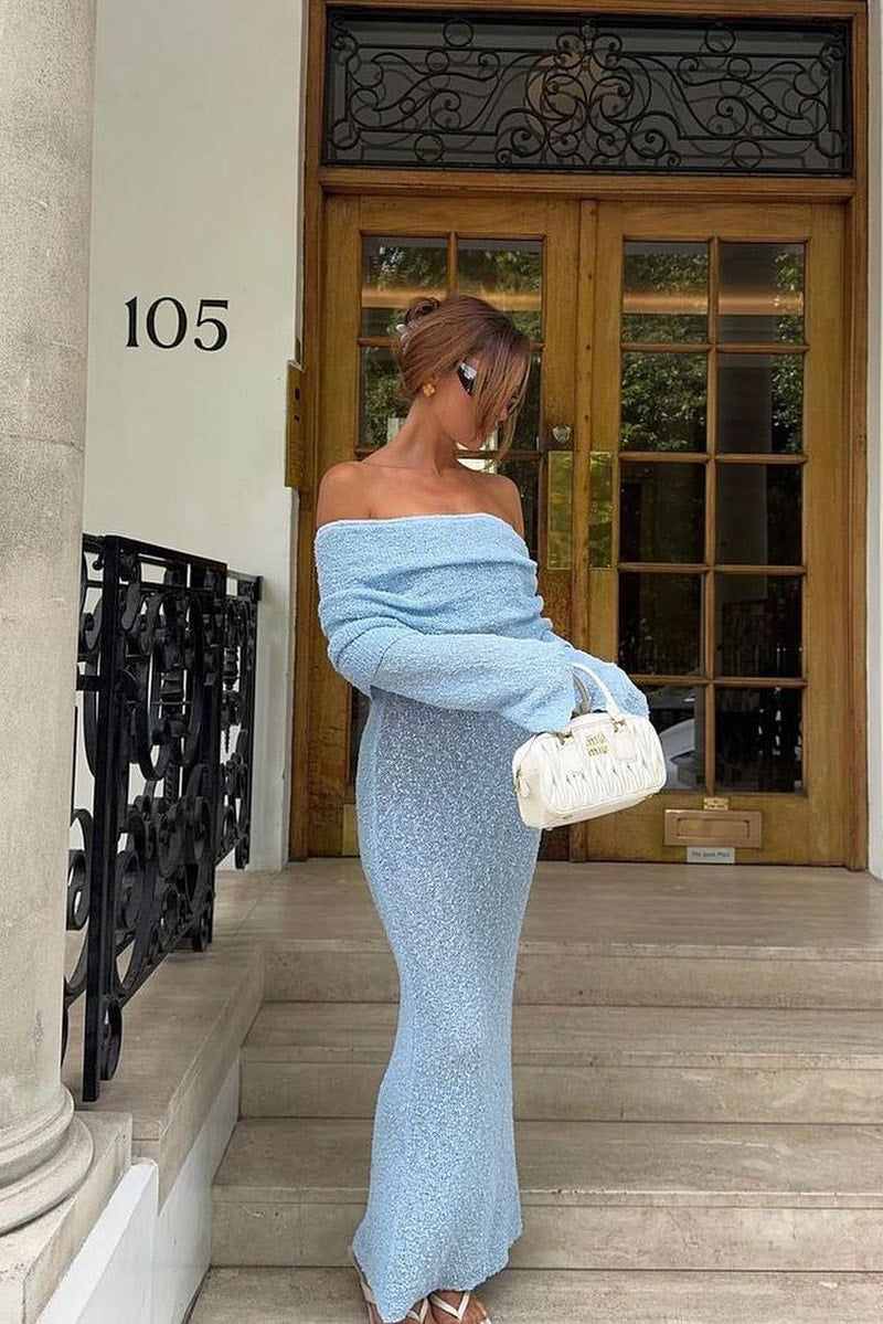 Light Blue Knit Off Shoulder Boucle Maxi Dress