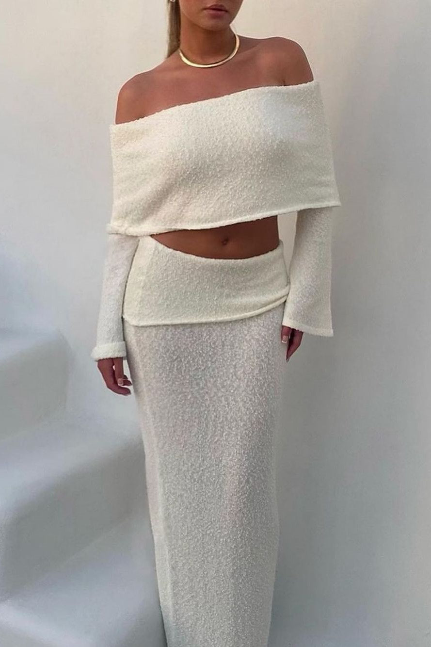 Ivory Knit Off Shoulder Boucle Top & Maxi Skirt Co-Ord