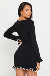 Black Knitted Ruffle Hem Long Sleeve Mini Dress