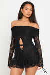 Black Lace Bardot Cut Out Frill Mini Dress