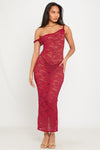 Wine Sheer Lace Twist Detail Asymmetric Maxi Dress