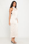 Champagne Satin High Neck Open Back Maxi Dress