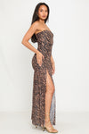 Brown Tiger Print Sheer Strapless Maxi Dress