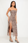 Leopard Print Chiffon Strapless Split Midi Dress