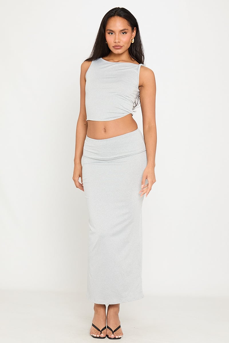 Light Grey Off Shoulder Top & Fold Over Maxi Skirt