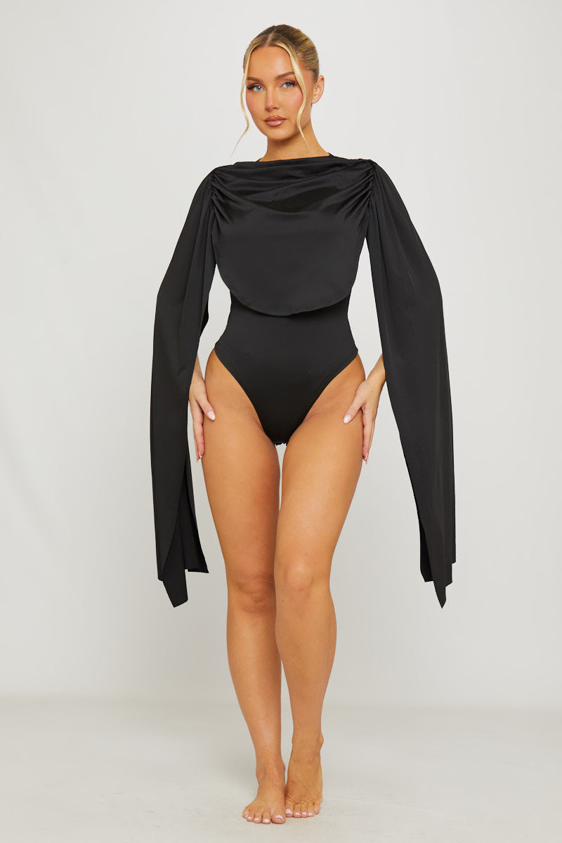 Black Shoulder Draped Ruched Bodysuit