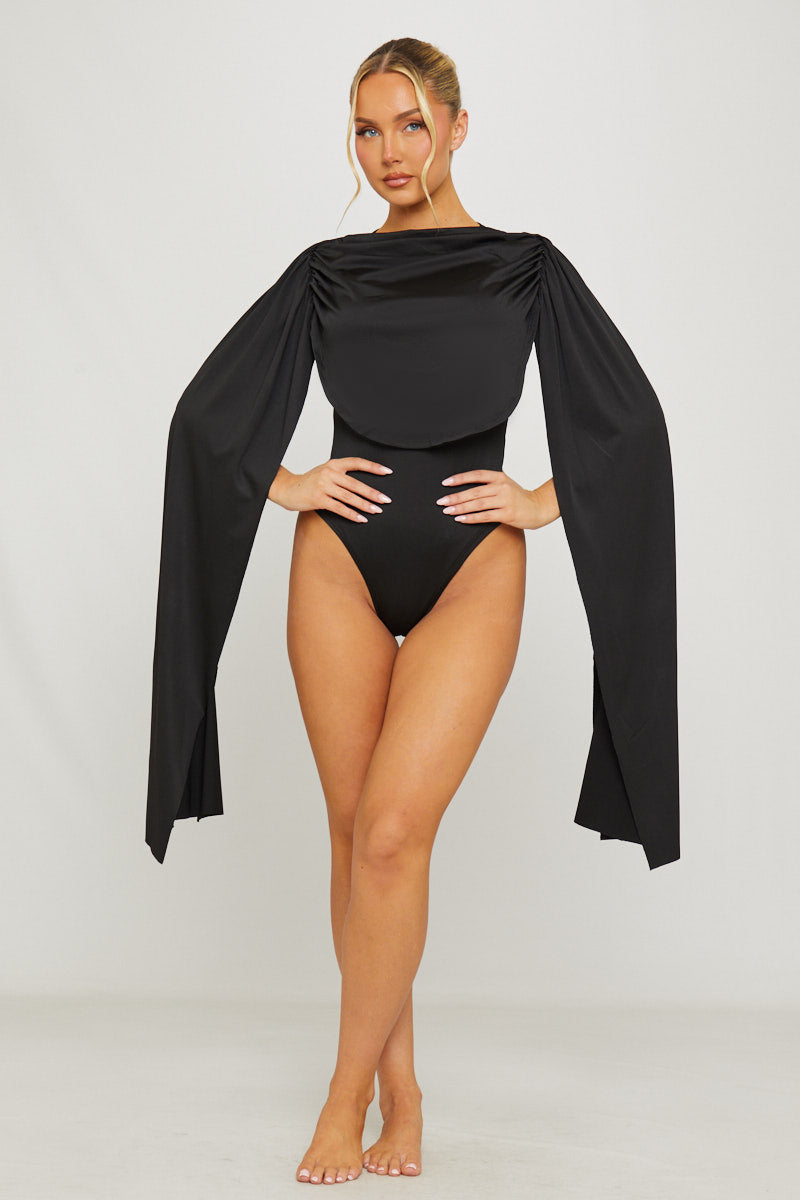 Black Shoulder Draped Ruched Bodysuit