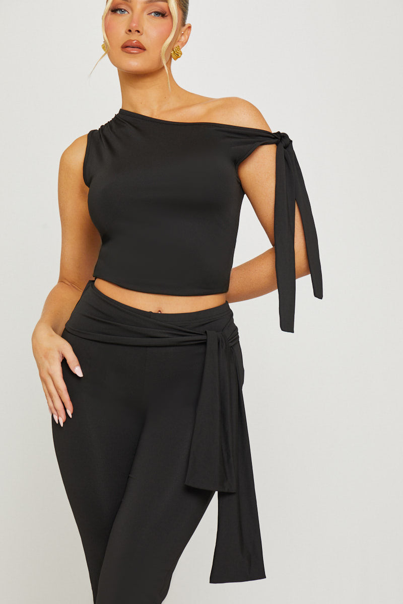 Black One Shoulder Knot Detail Top & Capri Pants Co-Ord