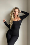 Black Ribbed Square Neck Long Sleeve Jumpsuit